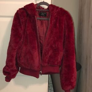 Love tree red faux fur bomber jacket